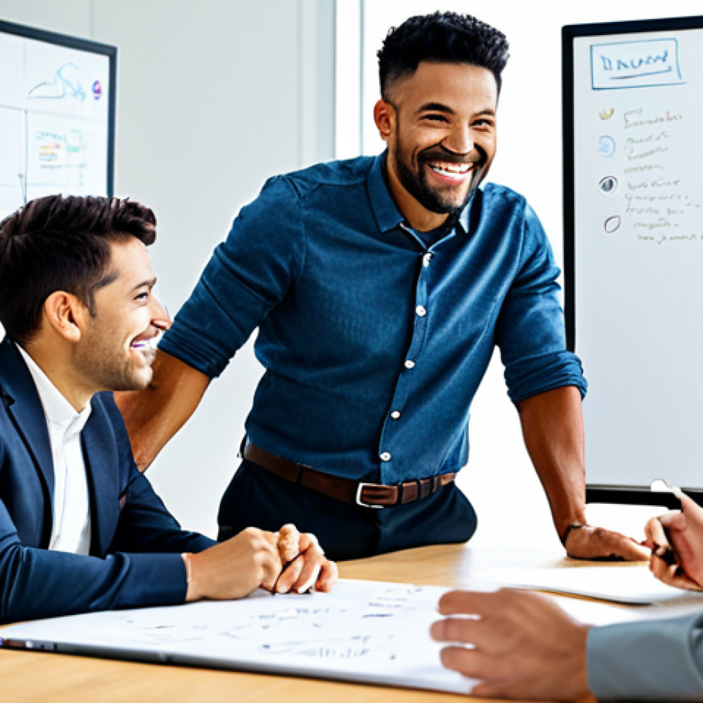 **

A diverse group of professionals in a brightly lit, modern office space, collaborating on a whiteboard covered with ideas and diagrams. Everyone is fully clothed in business casual attire, smiling and engaged in active discussion. The atmosphere is energetic and positive. "Safe for work", "appropriate content", "fully clothed", "professional", perfect anatomy, correct proportions, natural pose, well-formed hands, proper finger count, natural body proportions, high quality, professional photography.

**
