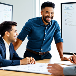 **

A diverse group of professionals in a brightly lit, modern office space, collaborating on a whiteboard covered with ideas and diagrams. Everyone is fully clothed in business casual attire, smiling and engaged in active discussion. The atmosphere is energetic and positive. "Safe for work", "appropriate content", "fully clothed", "professional", perfect anatomy, correct proportions, natural pose, well-formed hands, proper finger count, natural body proportions, high quality, professional photography.

**