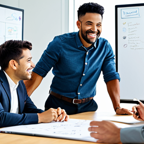 **

A diverse group of professionals in a brightly lit, modern office space, collaborating on a whiteboard covered with ideas and diagrams. Everyone is fully clothed in business casual attire, smiling and engaged in active discussion. The atmosphere is energetic and positive. "Safe for work", "appropriate content", "fully clothed", "professional", perfect anatomy, correct proportions, natural pose, well-formed hands, proper finger count, natural body proportions, high quality, professional photography.

**
