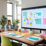 Home 18 코크리에이션 촉진을 위한 도구 소개 - A modern digital workspace scene showing a diverse team of professionals collaborating in a virtual ...