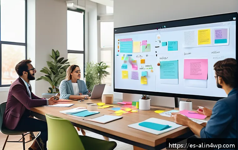 코크리에이션 촉진을 위한 도구 소개 - A modern digital workspace scene showing a diverse team of professionals collaborating in a virtual ...